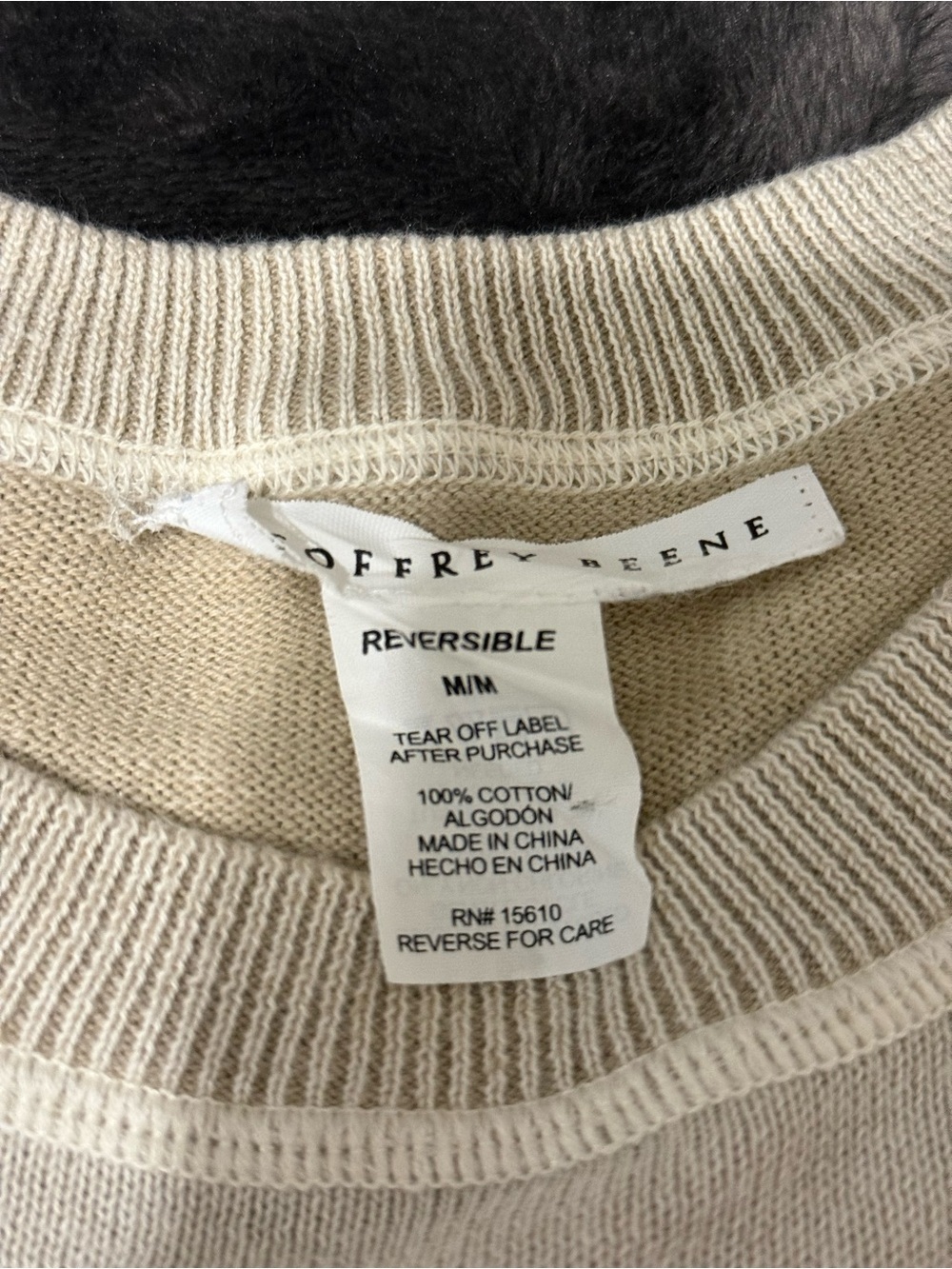 Geoffrey Beene Light Beige Reversible Crewneck Sweater with Narrow Stripe - Picture 2 of 8
